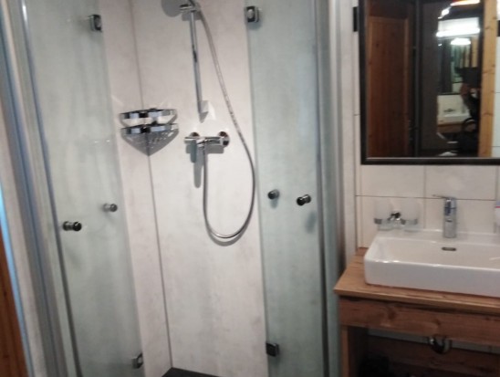 Neu renoviertes Badezimmer mit Dusche, Waschbecken und WC